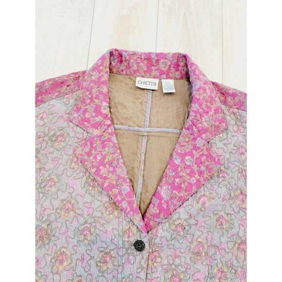 Chico's 3 Quilted Tapestry Jacket Silk Green Pink Button Front Collared - Picture 4 of 7